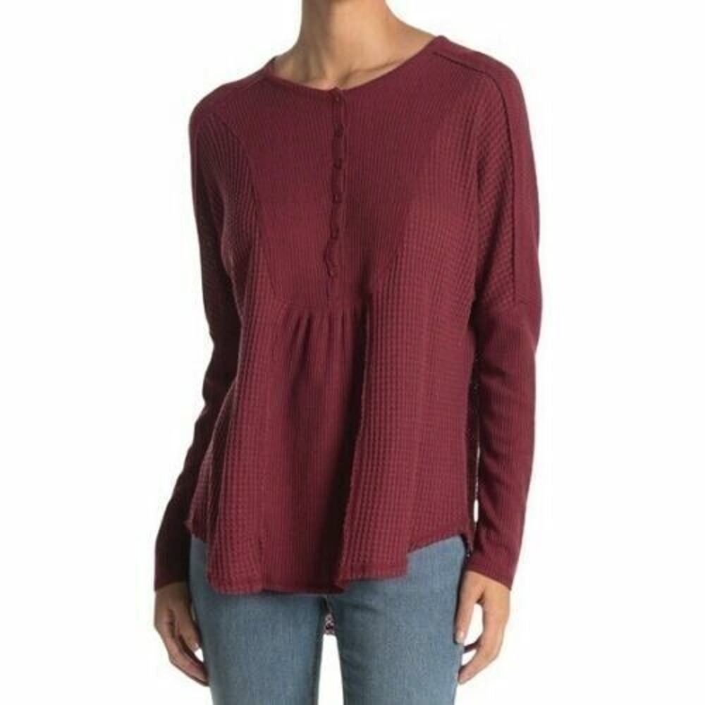 Gibsonlook Women's Mixed‎ Ribbed Waffle Knit Henley Top Burgundy XSmall MSRP $50